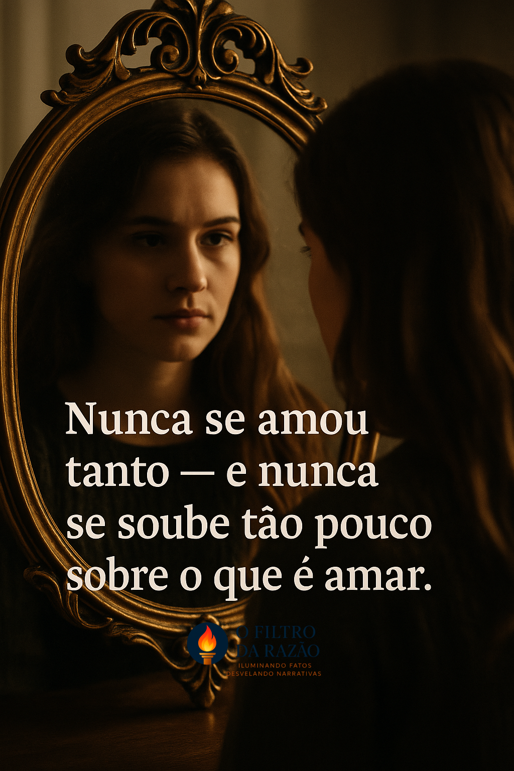 Jovem mulher observa seu reflexo em um espelho ornamentado dourado. A expressão é séria e introspectiva. A imagem possui tons quentes e iluminação suave. Sobreposta à imagem, a frase em destaque diz: “Nunca se amou tanto — e nunca se soube tão pouco sobre o que é amar.” Abaixo, o logotipo do blog "O Filtro da Razão", com o lema “Iluminando fatos, desvelando narrativas”.