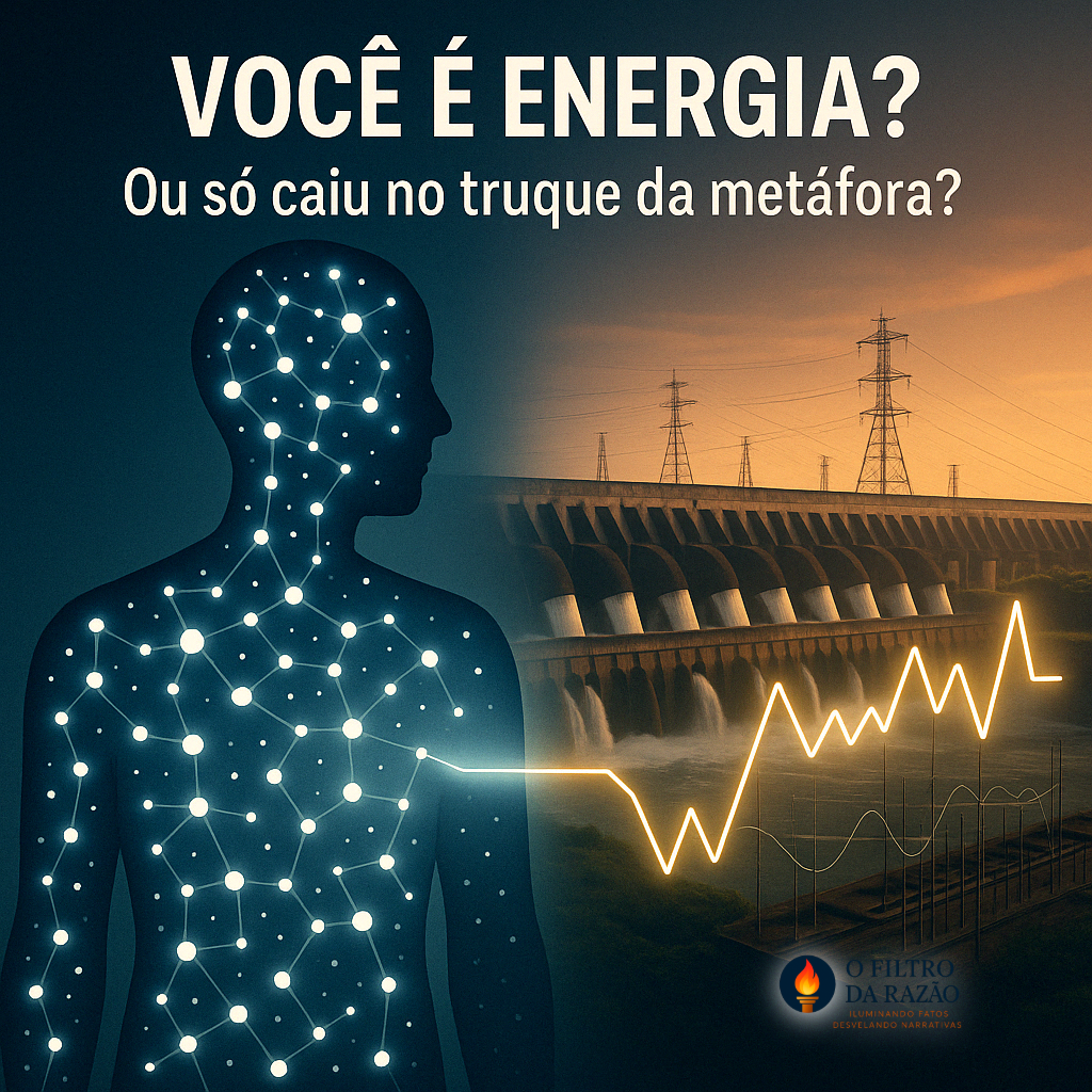Ilustração dividida ao meio: à esquerda, a silhueta de um corpo humano preenchido por pontos brilhantes simulando átomos; à direita, a Usina de Itaipu em funcionamento, sob um céu alaranjado, com um gráfico de energia ligando os dois elementos. No topo, o texto: “Você é energia? Ou só caiu no truque da metáfora?”. A imagem questiona o uso sensacionalista de comparações científicas em vídeos virais.