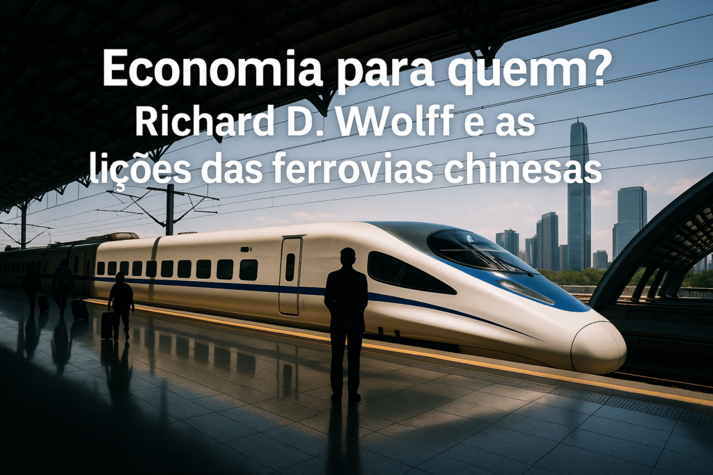 Economia para quem? As ferrovias chinesas e Richard Wolff 2 Trem de alta velocidade chinês estacionado em plataforma moderna, com passageiros em silhueta e arranha-céus ao fundo, simbolizando progresso, infraestrutura pública e o debate sobre desenvolvimento centrado no povo