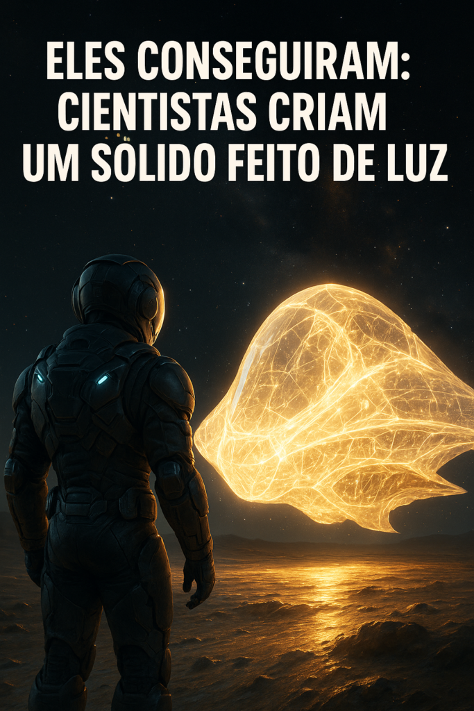 Eles Conseguiram: Cientistas Criam um Sólido Feito de Luz 1 Cientista observa uma estrutura futurista feita de luz sólida flutuando sobre uma superfície alienígena, representando o conceito de supersólido de luz como material do futuro.
