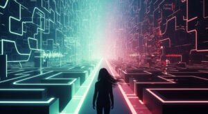 Silhueta humana na entrada de um labirinto digital com caminhos divergentes, simbolizando escolhas no futuro da Inteligência Artificial em 2025l.