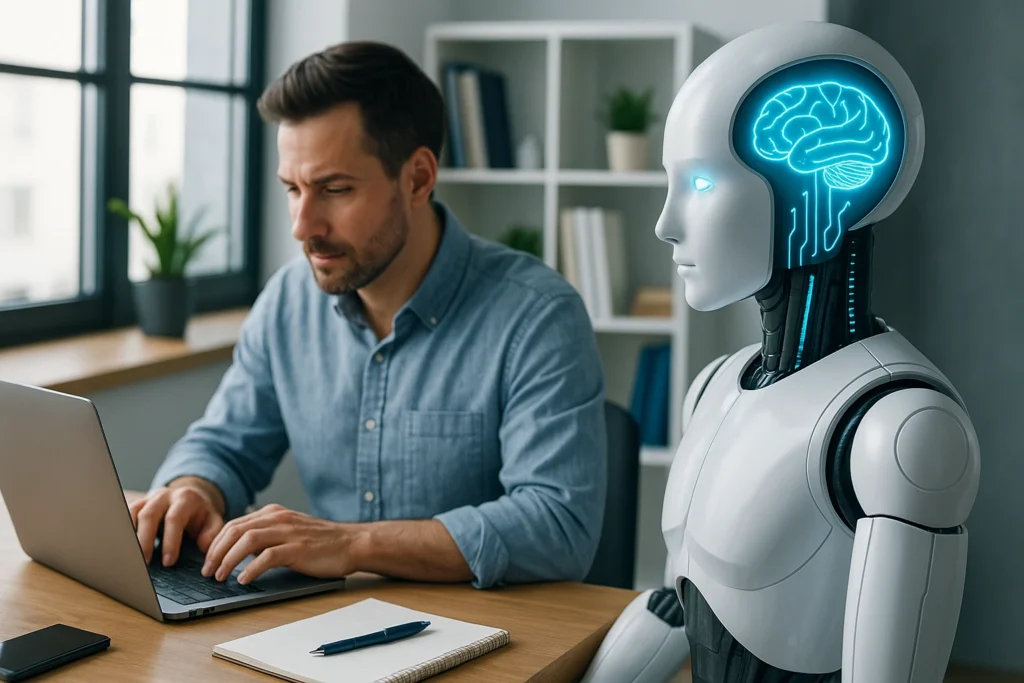 Inteligência Artificial no Dia a Dia: A Revolução Tecnológica no Mercado Imobiliário e de Seguros 1 Homem digitando no notebook ao lado de robô com cérebro digital iluminado, representando a colaboração entre humanos e inteligência artificial no ambiente de trabalho.