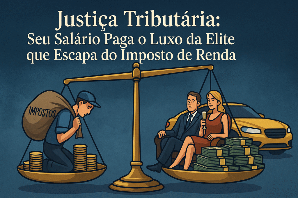Justiça Tributária: Seu Salário Paga o Luxo da Elite que Escapa do Imposto de Renda 1 Ilustração de uma balança desequilibrada representando a Justiça Tributária, com um trabalhador carregando sacos de “impostos” em um dos pratos e um casal rico rodeado por dinheiro e carros no prato oposto.