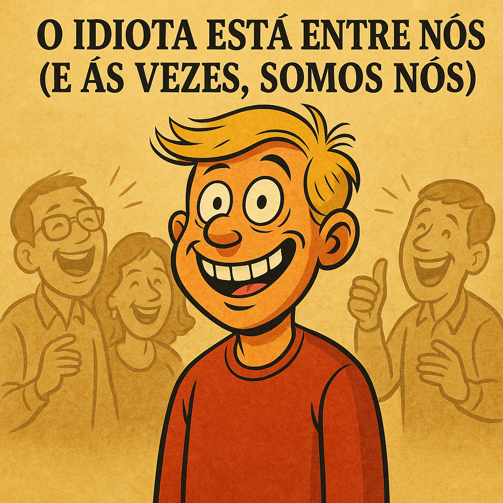 Ilustração cômica de um homem sorridente com expressão ingênua ao centro, cercado por outras figuras rindo ao fundo, sob o título “O Idiota Está Entre Nós (E Às Vezes, Somos Nós)