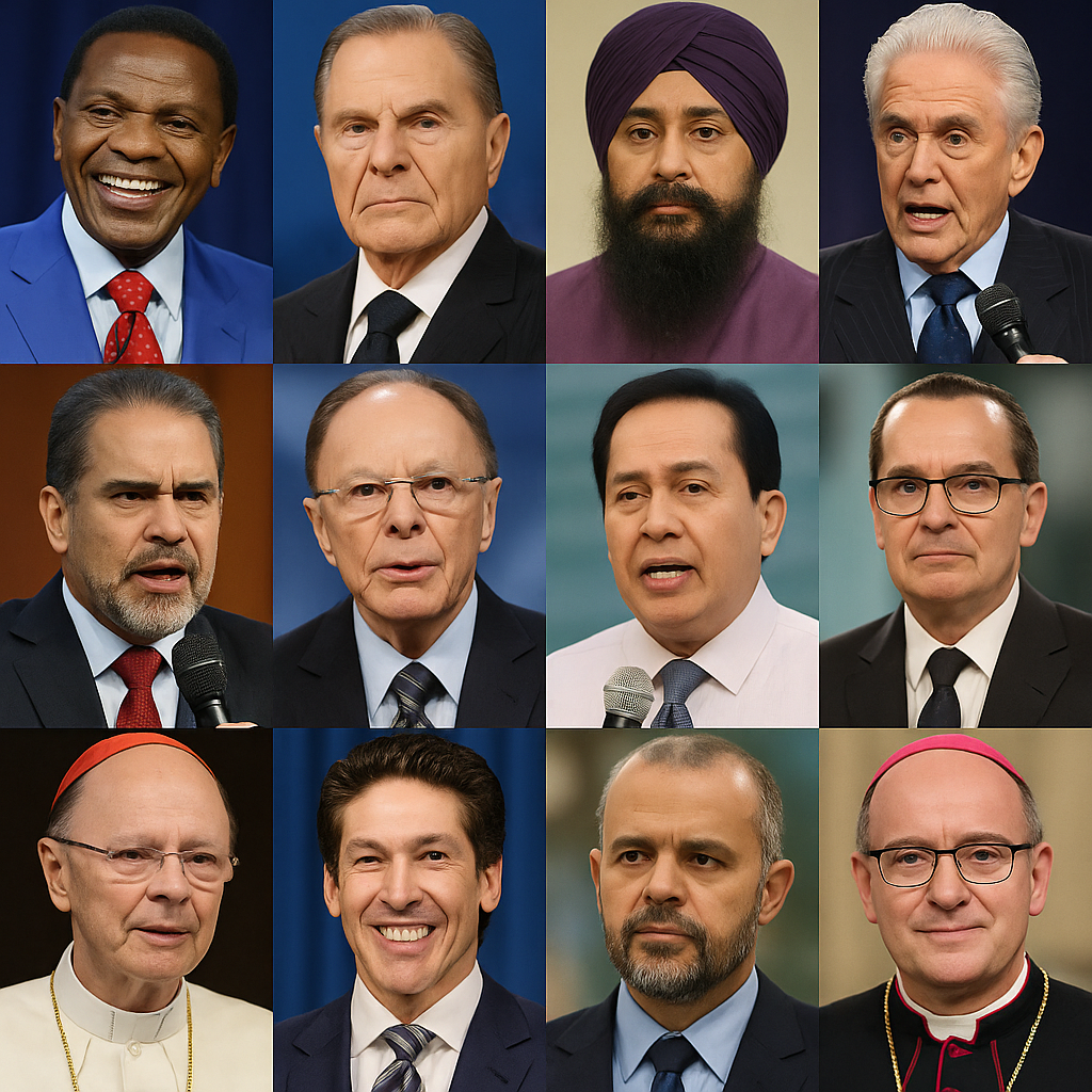 Quanto Mais Pobre o Fiel, Mais Rico o Pastor: Casos Reais que Escandalizaram o Mundo 7 Mosaico com doze líderes religiosos de diferentes países, todos vestidos formalmente, a maioria segurando microfones, representando o poder midiático e a influência financeira de figuras religiosas contemporâneas.