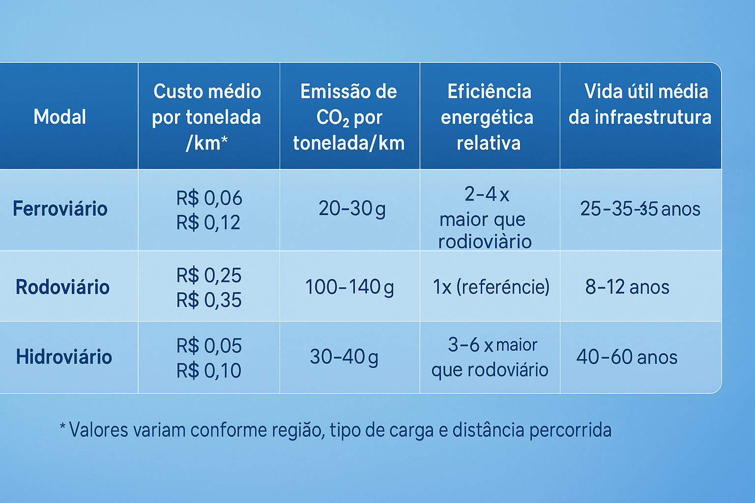 Tabela comparativa entre os modais ferroviário, rodoviário e hidroviário com dados sobre custo médio, emissão de CO₂, eficiência energética e vida útil da infraestrutura, em tons de azul