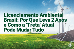 Texto sobreposto a uma paisagem com campo verde e fontes de energia renovável questiona o tempo do licenciamento ambiental no Brasil.