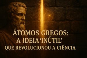 Filósofo grego em perfil contemplativo, com o título 'Átomos Gregos: A Ideia Inútil que Revolucionou a Ciência' sobreposto. Ao fundo, uma parede de pedra com uma fresta vertical emitindo luz brilhante, simbolizando a descoberta.