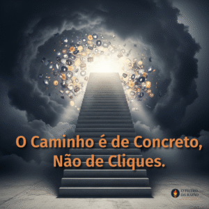 A Lógica do Concreto: Como a Gestão Pragmática Desafia a Polarização Política 1 Uma escadaria de concreto, símbolo da gestão pragmática, ascende com firmeza através do caos de uma nuvem de redes sociais, mostrando um caminho claro em direção à luz.
