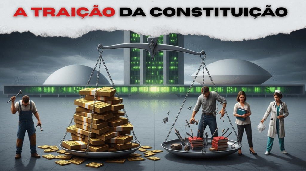 Imagem de uma balança da justiça em frente ao Congresso Nacional, desequilibrada: de um lado pilhas de dinheiro representando os super-ricos, do outro trabalhadores e profissionais da saúde sobrecarregados. No topo, o título em destaque: “A Traição da Constituição: Como o Congresso ignora a lei para manter a isenção de impostos dos super-ricos