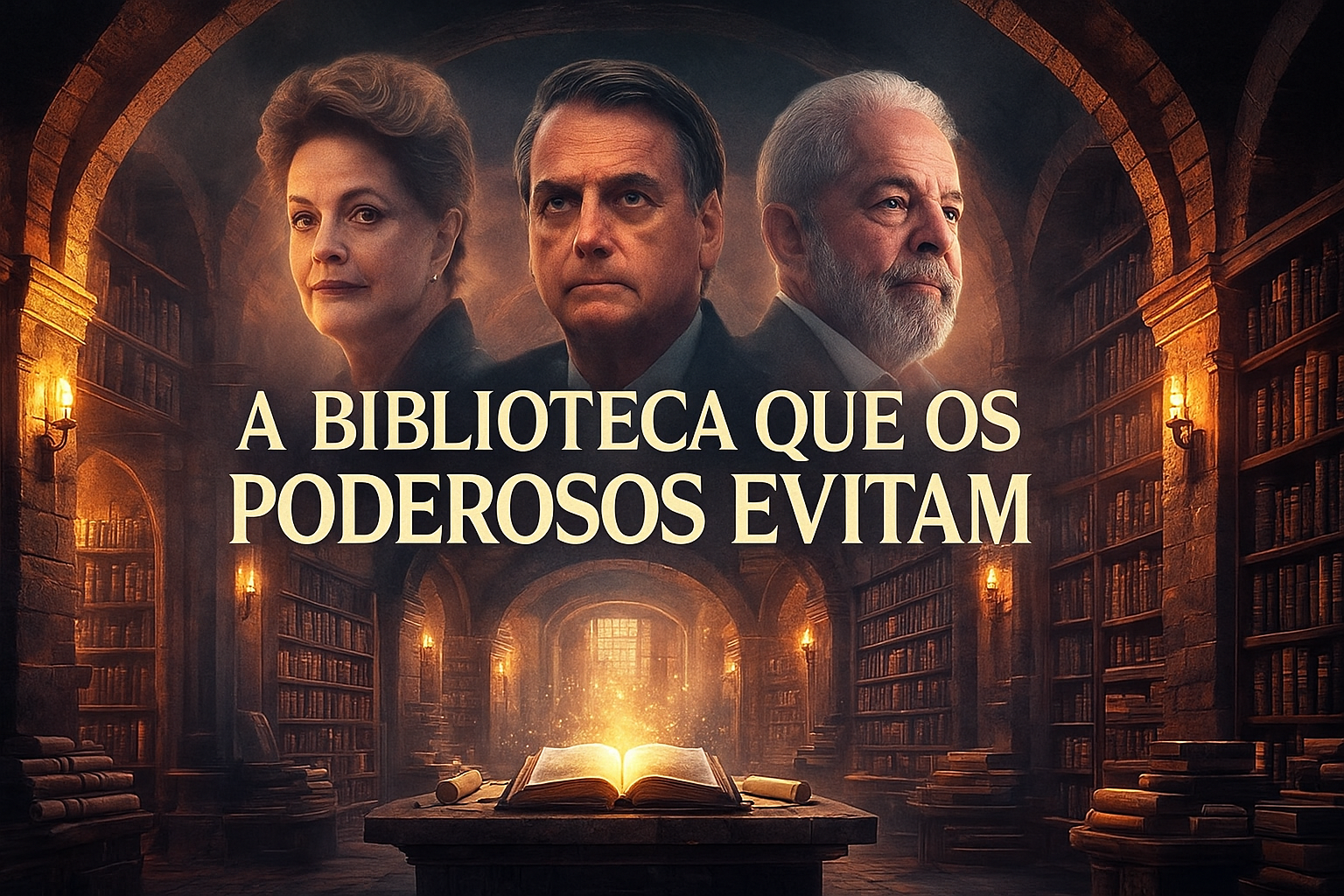 Ilustração em formato 16:9 mostrando uma biblioteca subterrânea iluminada por luz dourada. No centro há um livro aberto brilhando sobre uma mesa. Ao fundo surgem, de forma translúcida, os rostos de Dilma Rousseff, Jair Bolsonaro e Luiz Inácio Lula da Silva. Na parte superior, a frase ‘A BIBLIOTECA QUE OS PODEROSOS EVITAM’ aparece em destaque.