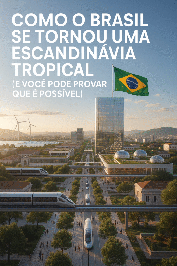 Cena futurista de uma cidade brasileira moderna com prédios sustentáveis, bandeira do Brasil hasteada no topo de uma torre de vidro, trens de alta velocidade suspensos, áreas verdes e pessoas caminhando em um boulevard iluminado pelo pôr do sol. Texto na imagem: ‘Como o Brasil se tornou uma Escandinávia Tropical (e você pode provar que é possível)’.”