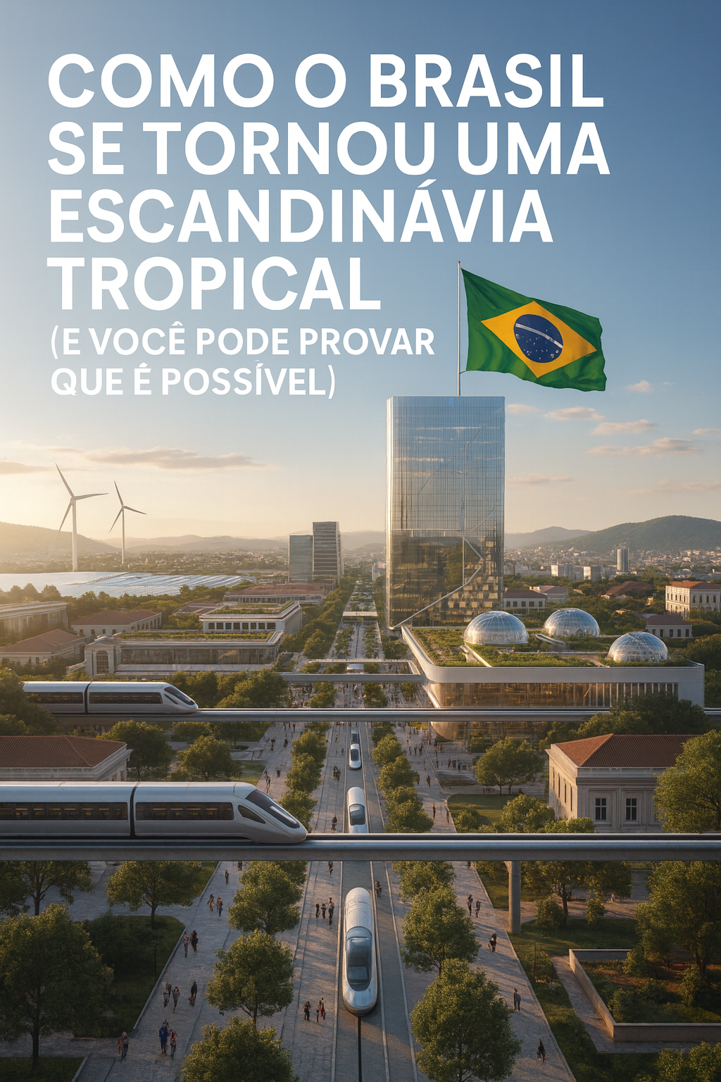 Cena futurista de uma cidade brasileira moderna com prédios sustentáveis, bandeira do Brasil hasteada no topo de uma torre de vidro, trens de alta velocidade suspensos, áreas verdes e pessoas caminhando em um boulevard iluminado pelo pôr do sol. Texto na imagem: ‘Como o Brasil se tornou uma Escandinávia Tropical (e você pode provar que é possível)’.”