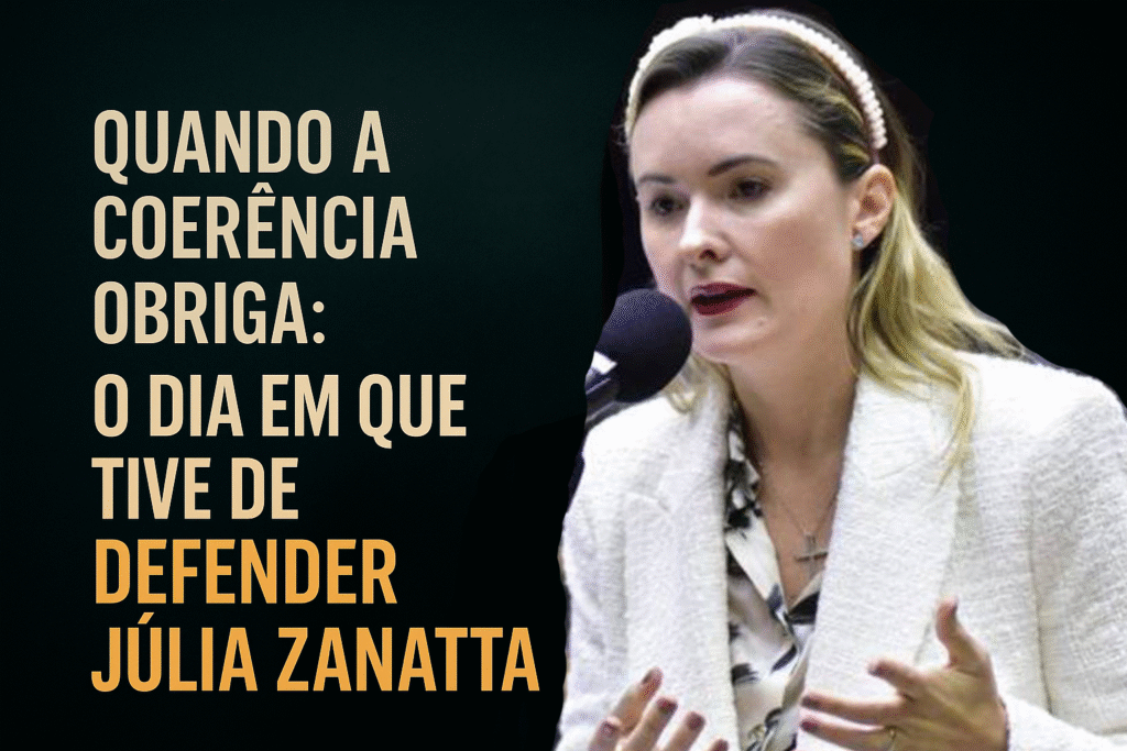 Imagem com fundo escuro trazendo, à esquerda, o título ‘Quando a coerência obriga: o dia em que tive de defender Júlia Zanatta’. À direita, fotografia da deputada Júlia Zanatta falando ao microfone, vestindo blazer claro.”