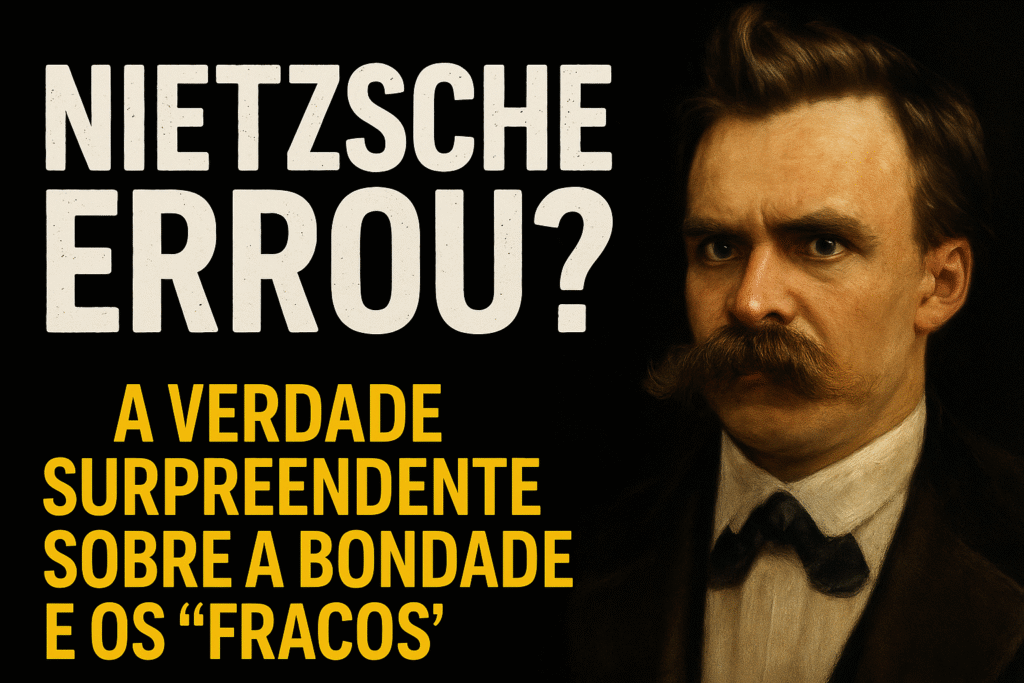 Imagem com fundo escuro e imponente, mostrando o título em destaque: ‘A Grande Mentira de Nietzsche’, com a frase ‘A bondade nunca foi fraqueza’, seguido da chamada ‘O erro filosófico que sobrevive há um século’. Elementos gráficos criam um clima dramático de reflexão.