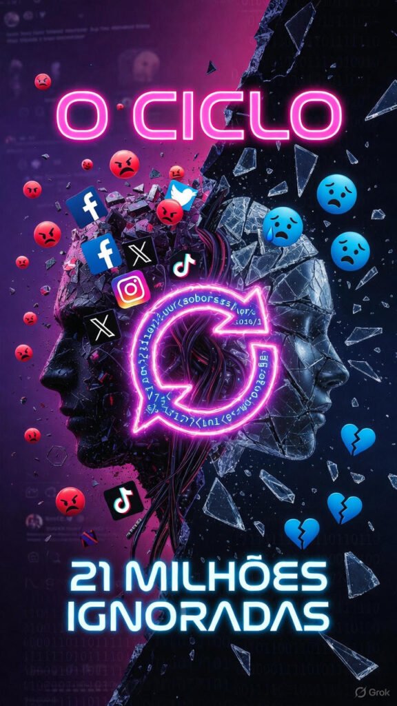 Ilustração digital em estilo cyberpunk mostrando duas silhuetas de rostos fragmentados em vidro, separados por um ouroboros neon representando ciclo infinito, com ícones de redes sociais (Facebook, X, Instagram, TikTok) emergindo do centro. Emojis raivosos vermelhos à esquerda e emojis tristes azuis à direita simbolizam polarização emocional. Texto superior: "O CICLO" em neon rosa. Texto inferior: "21 MILHÕES IGNORADAS" em azul elétrico. Fundo gradiente roxo-rosa-preto com estética futurista.