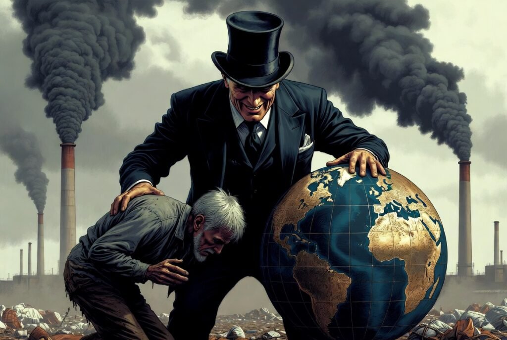Ilustração estilo sátira política mostrando barão capitalista de cartola dominando globo terrestre enquanto trabalhador idoso se curva exausto, com chaminés industriais poluindo ao fundo, simbolizando desigualdade nas renúncias fiscais brasileiras de R$ 789 bilhões