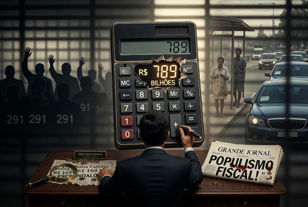Ilustração editorial mostrando executivo apagando R$ 789 bilhões em calculadora gigante enquanto jornal destaca "Populismo Fiscal", com silhuetas de 291 deputados ao fundo e cidadãos esperando ônibus, simbolizando hipocrisia sobre renúncias fiscais no Brasil