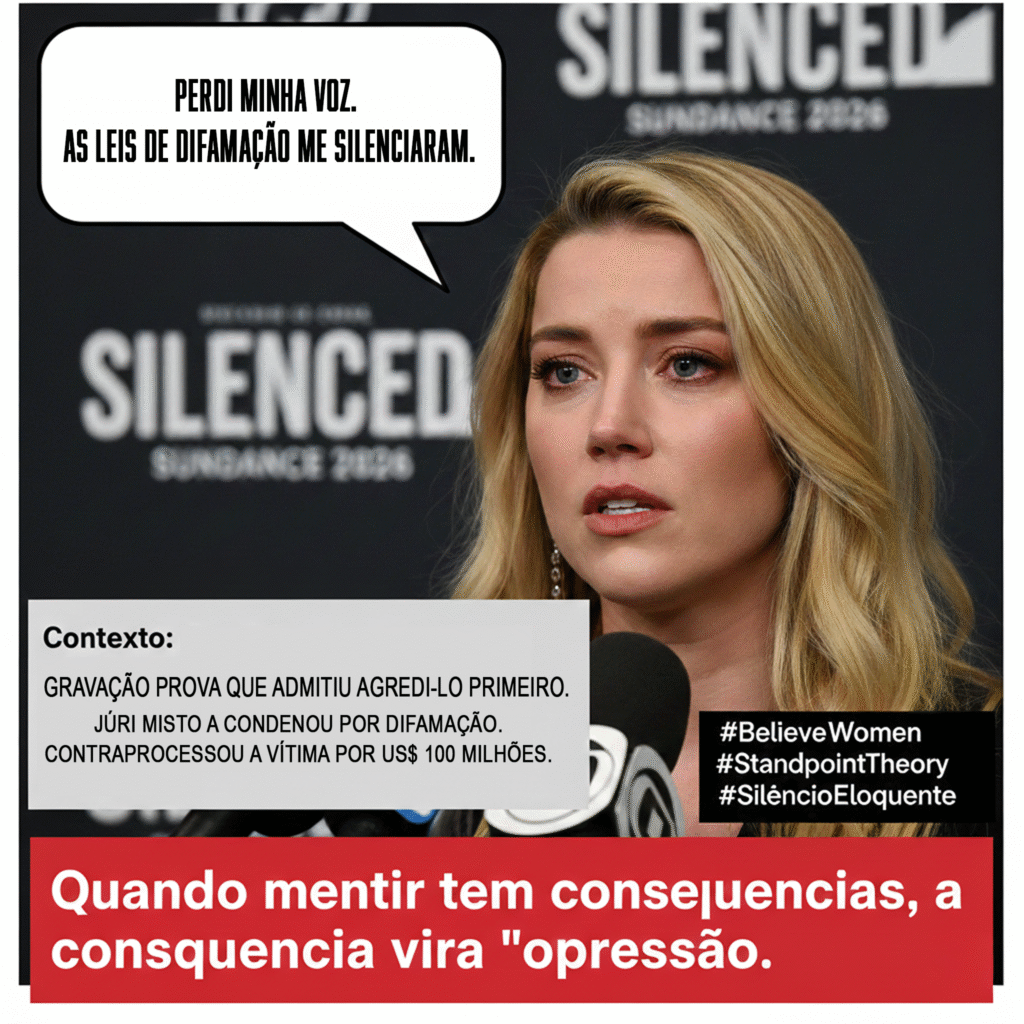 Imagem de Amber Heard no documentário Silenced (Sundance 2026) com balão de fala dizendo "Perdi minha voz, as leis de difamação me silenciaram", acompanhado de caixa de contexto factual sobre sua condenação judicial por difamação e frase de destaque "Quando mentir tem consequências, a consequência vira opressão". Hashtags: #BelieveWomen #StandpointTheory #SilêncioEloquente