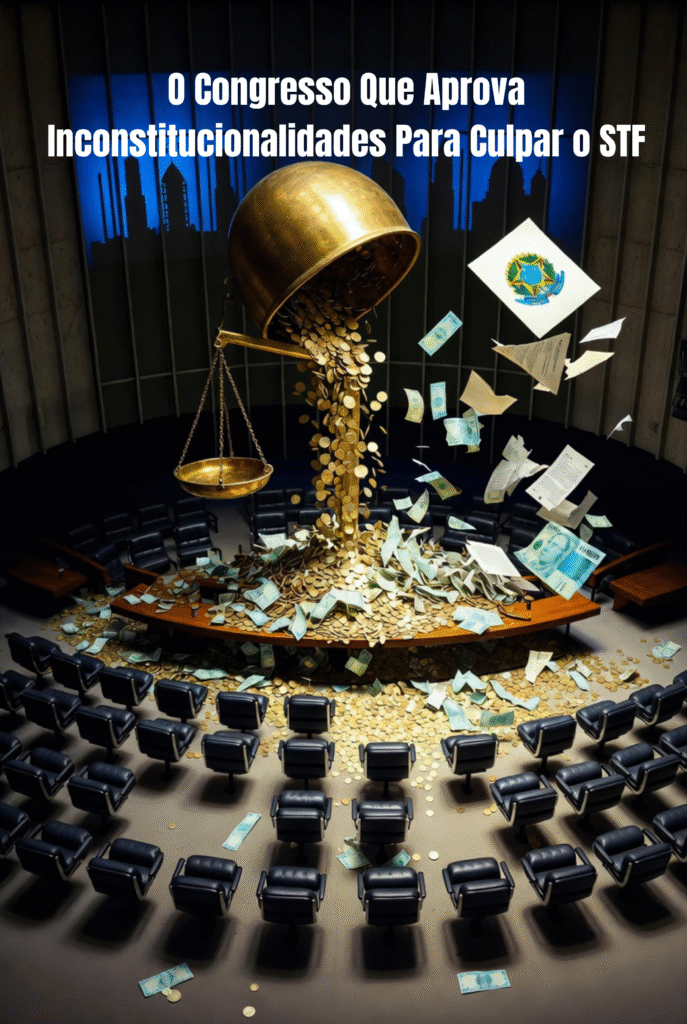 Balança da justiça dourada inclinada derramando moedas e notas sobre plenário vazio do Congresso Nacional, com silhueta do STF iluminada em azul ao fundo e documentos com brasão da República espalhados - representação simbólica da tensão institucional entre poderes